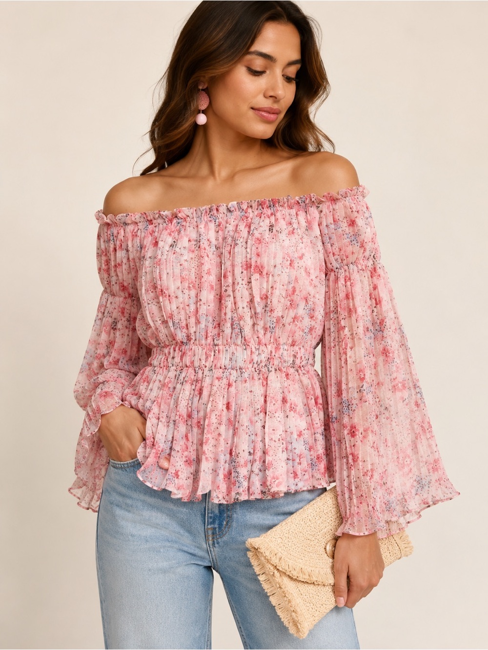 Ranna Gill Anthropologie Pink Floral Pleated Off-Shoulder Blouse Size Small